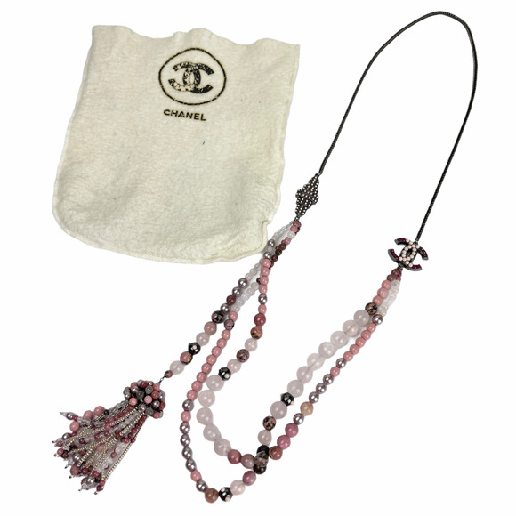 CHANEL Jewelry - CHANEL Costume Beaded Tassel Long Necklace Pink Quartz CC Logo Vintage